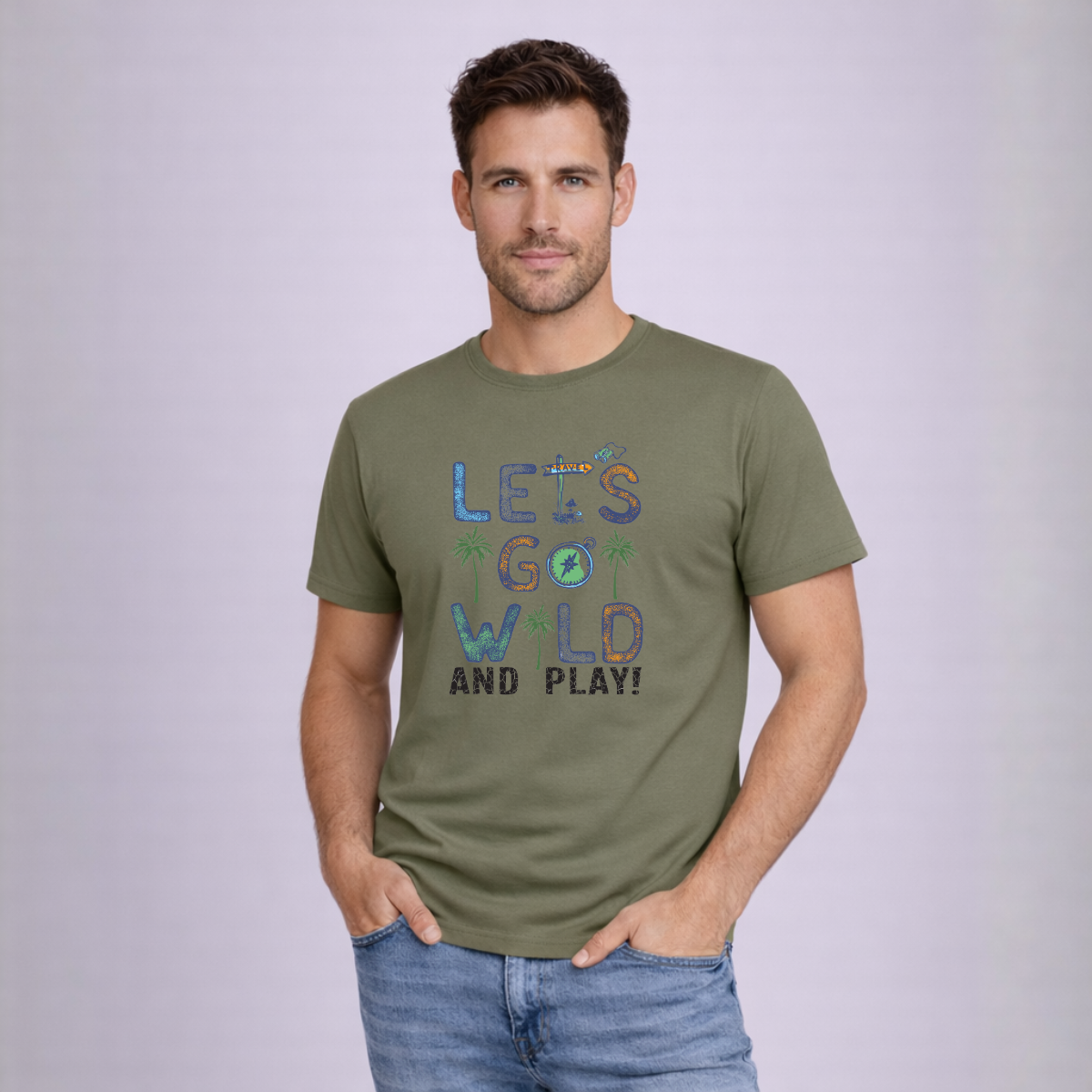 Man wearing a green t-shirt with colorful text on a light gray background