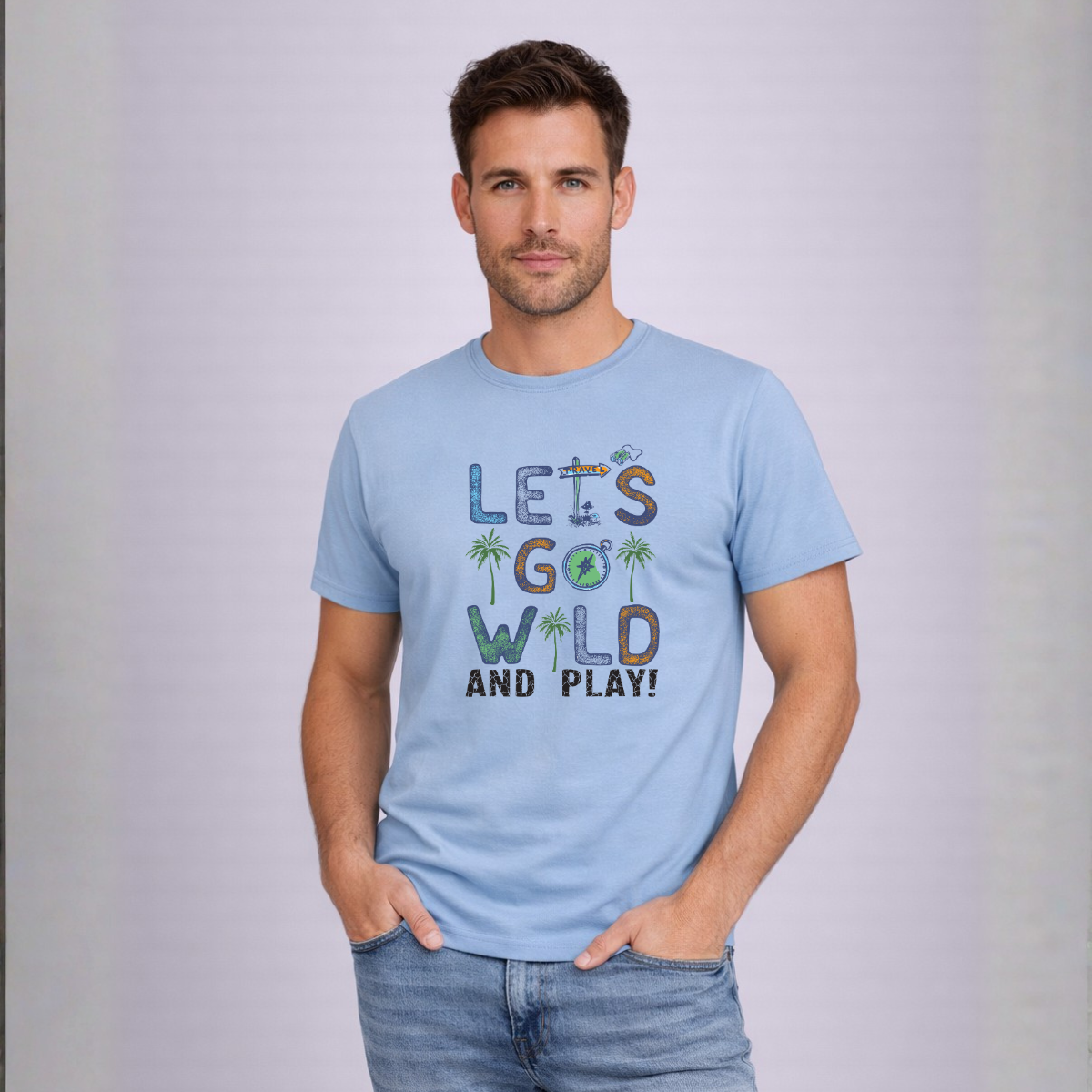 Man wearing a light blue t-shirt with 'Let's Go Wild and Play!' text and palm tree graphics.