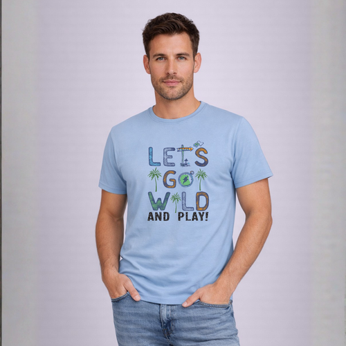 Man wearing a light blue t-shirt with 'Let's Go Wild and Play!' text and palm tree graphics.