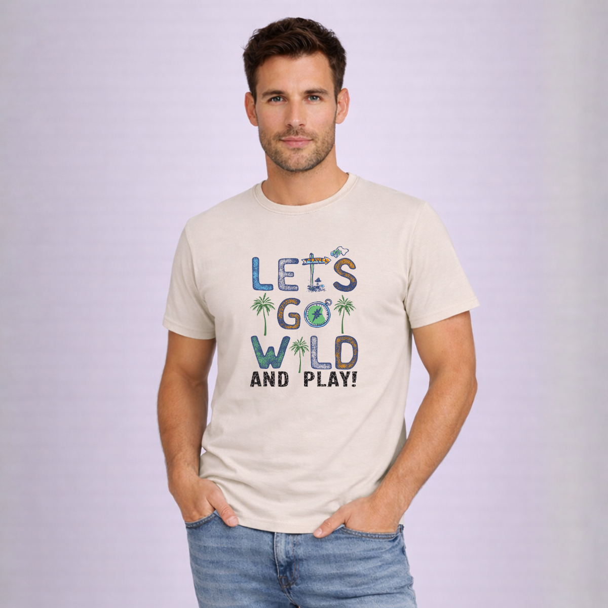 Man wearing a t-shirt with 'Let's Go Wild and Play!' text on a light gray background