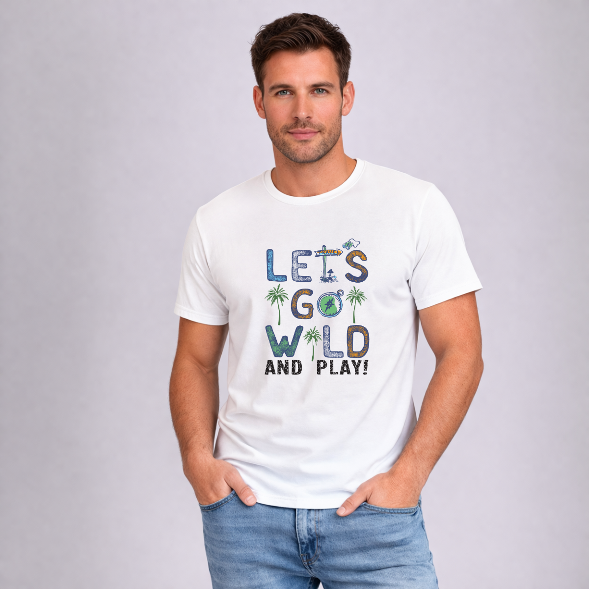 Man wearing a white t-shirt with 'Let's Go Wild and Play!' text and graphics on a plain background