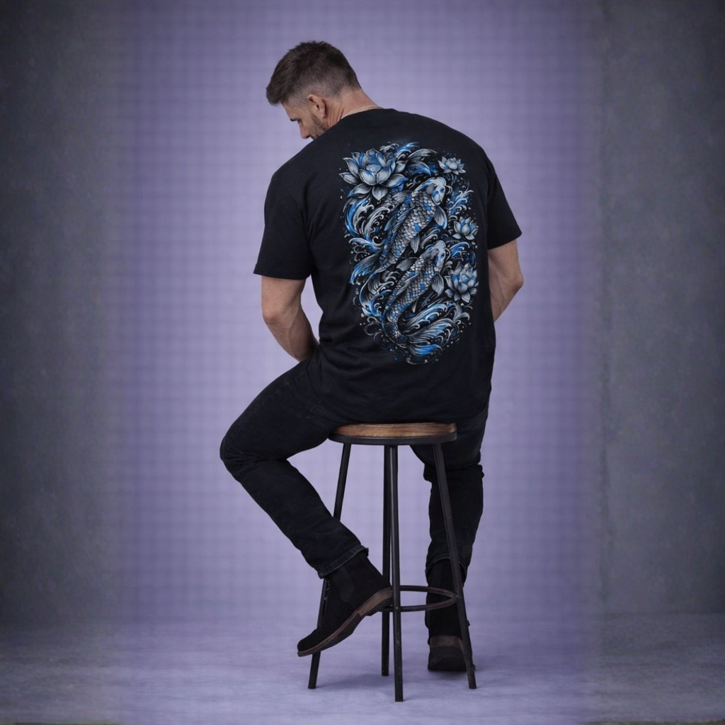 Short Sleeve Cotton T-shirt With Koi Print